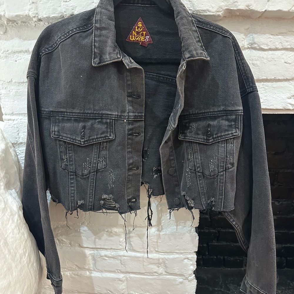 Distressed Black Denim Cropped Jacket